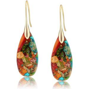 Natural Healing Stone Fishhoop Dangle Drop Earrings Statement Gold silver